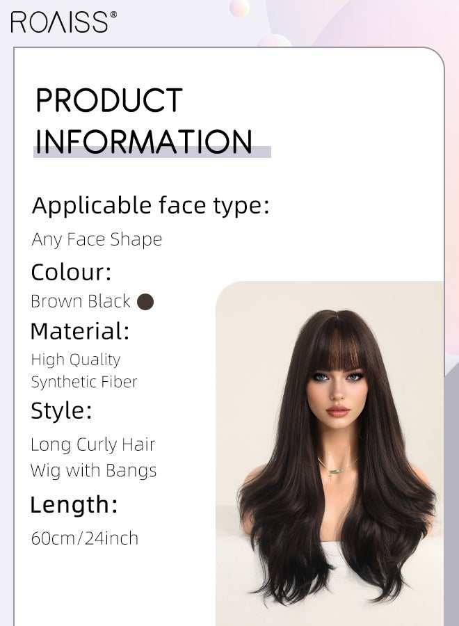 roaiss Long Curly Hair Wig with Bangs for Women, Natural Soft Synthetic Heat Resistant Hair Natural Looking Wig for Wedding Cosplay Party Daily Wear, Brown Black, 60cm (24 inches) - Image 2